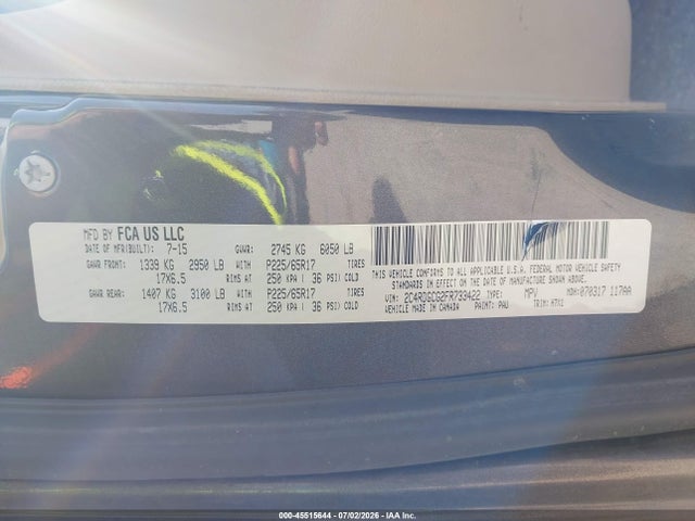 Aukcja sprzedaży 2015 Dodge Grand Caravan Sxt, vin: 2C4RDGCG2FR733422, numer aukcji: 45515644