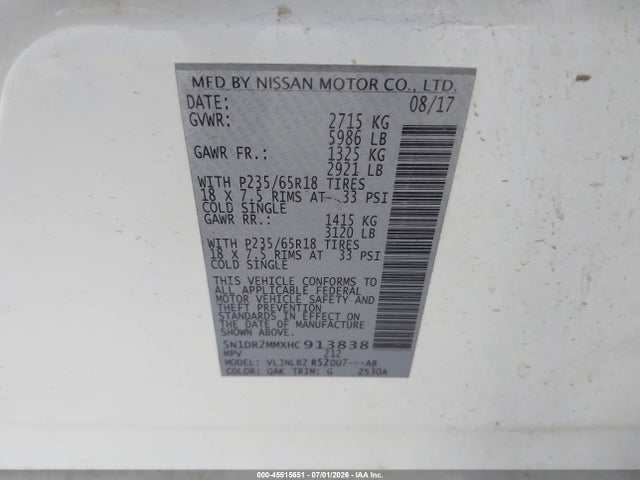 Aukcja sprzedaży 2017 Nissan Pathfinder S, vin: 5N1DR2MMXHC913838, numer aukcji: 45515651
