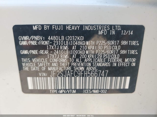 Aukcja sprzedaży 2015 Subaru Forester 2.5i Premium, vin: JF2SJAFC9FH566747, numer aukcji: 45515657