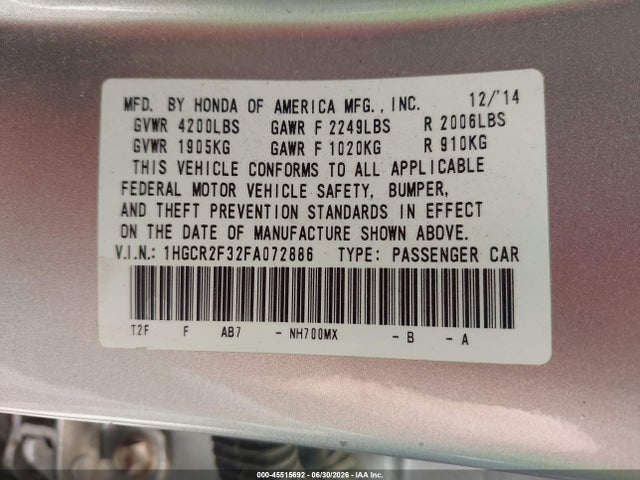Honda ACCORD LX 2015 1HGCR2F32FA072886 Image 9