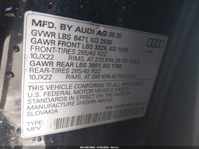 Продажа на аукционе авто 2021 Audi Q8 Premium Plus 55 Tfsi Quattro Tiptronic, vin: WA1EVAF19MD005123, номер лота: 45515698