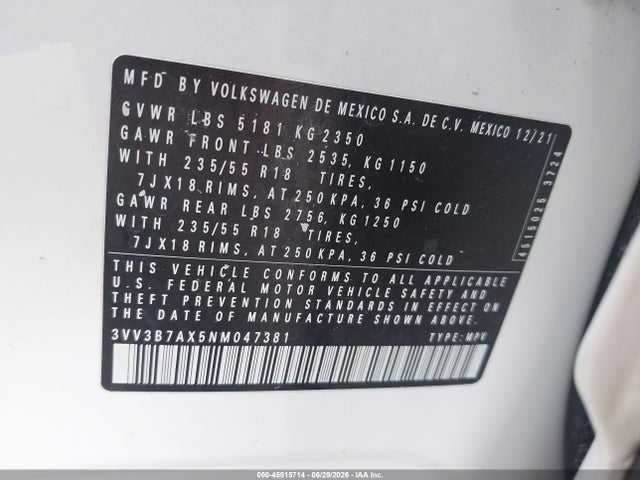 Aukcja sprzedaży 2022 Volkswagen Tiguan 2.0t Se, vin: 3VV3B7AX5NM047381, numer aukcji: 45515714