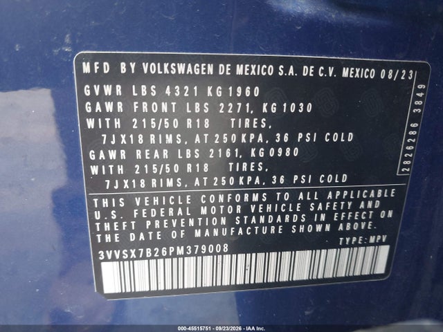 Aukcja sprzedaży 2023 Volkswagen Taos 1.5t Se, vin: 3VVSX7B26PM379008, numer aukcji: 45515751