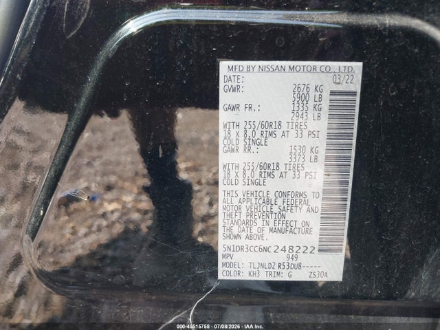 5N1DR3CC6NC248222 Nissan Pathfinder Sl 4wd