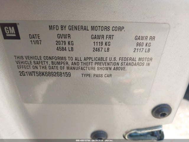 45515784 :رقم المزاد ، 2G1WT58K689268159 vin ، 2008 Chevrolet Impala Lt مزاد بيع