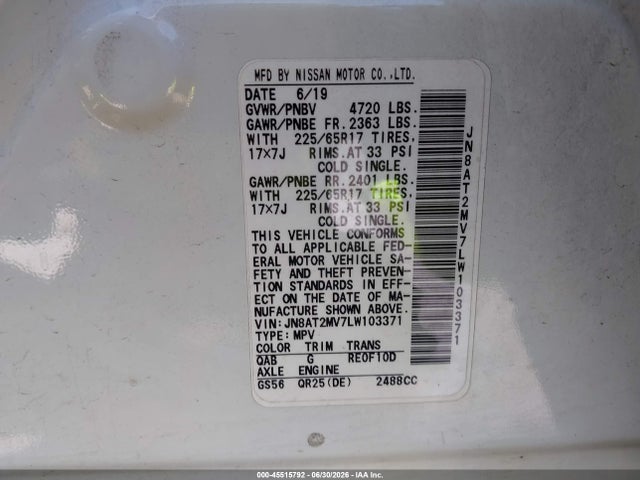 JN8AT2MV7LW103371 Nissan Rogue Sv Intelligent Awd