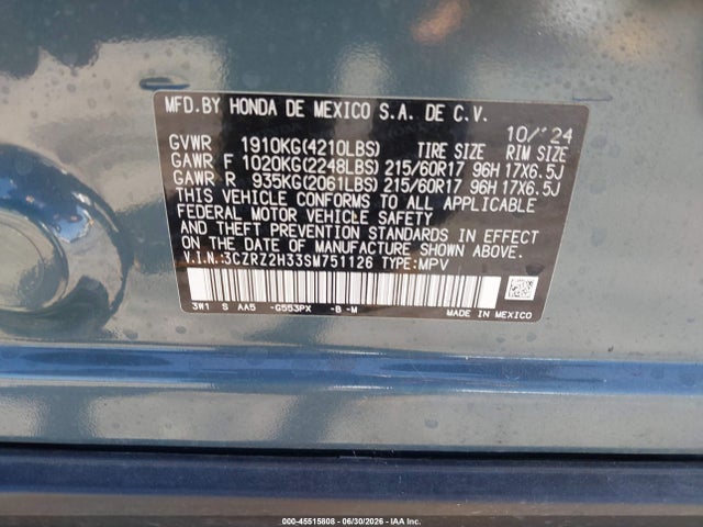 3CZRZ2H33SM751126 Honda Hr-v Awd Lx