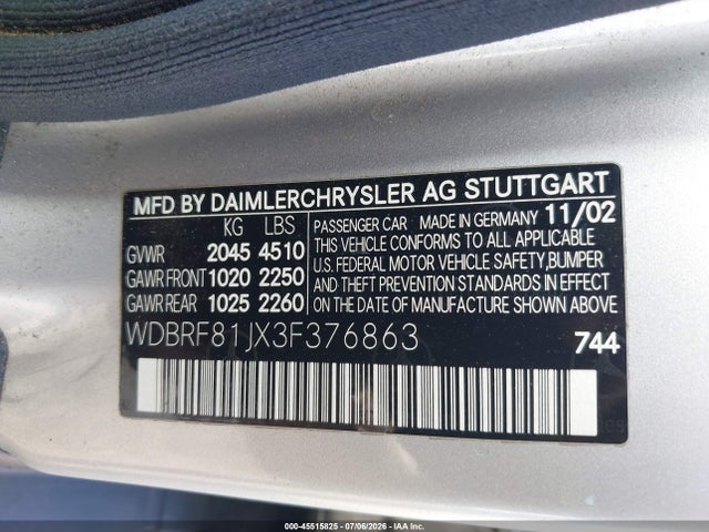 2003 Mercedes-benz C 240 4matic მანქანა იყიდება აუქციონზე, vin: WDBRF81JX3F376863, აუქციონის ნომერი: 45515825