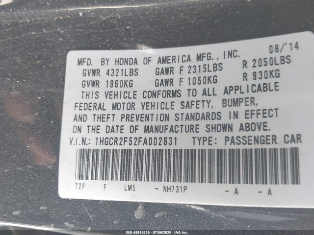 Honda Accord Sport 2015 1HGCR2F52FA002631 Image 9