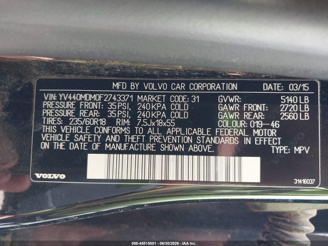 Aukcja sprzedaży 2015 Volvo Xc60 T5 Platinum, vin: YV440MDM0F2743371, numer aukcji: 45515881