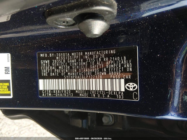 Aukcja sprzedaży 2020 Toyota Corolla Le, vin: 5YFHPRAE6LP127178, numer aukcji: 45515885