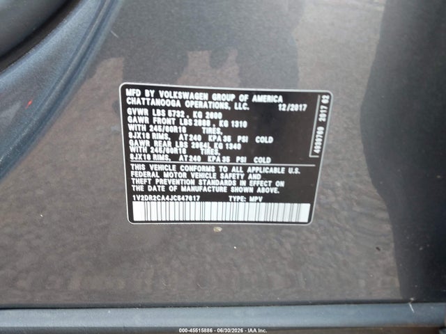 Продажа на аукционе авто 2018 Volkswagen Atlas 3.6l V6 Se/3.6l V6 Se W/technology, vin: 1V2DR2CA4JC547617, номер лота: 45515886