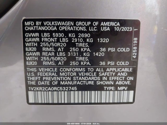 2024 Volkswagen Atlas 2.0t Se W/technology მანქანა იყიდება აუქციონზე, vin: 1V2KR2CA0RC532745, აუქციონის ნომერი: 45515888