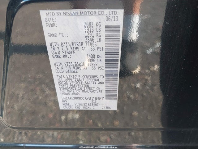 Aukcja sprzedaży 2013 Nissan Pathfinder S, vin: 5N1AR2MM9DC687997, numer aukcji: 45515893