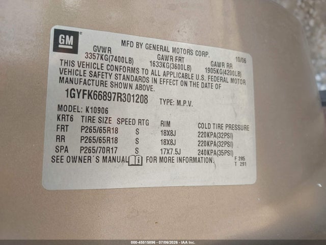 Продаж на аукціоні авто 2007 Cadillac Escalade Esv Standard, vin: 1GYFK66897R301208, номер лоту: 45515896