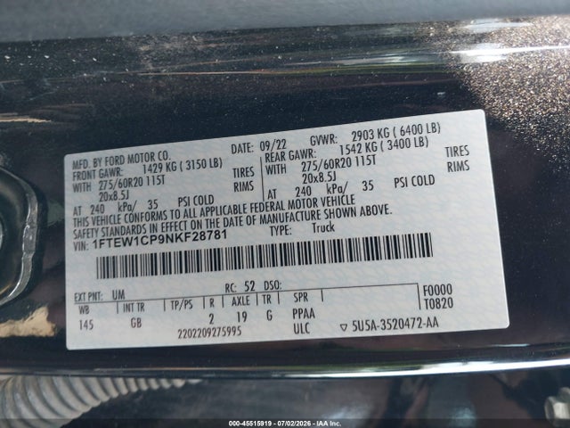 Aukcja sprzedaży 2022 Ford F-150 Xl, vin: 1FTEW1CP9NKF28781, numer aukcji: 45515919
