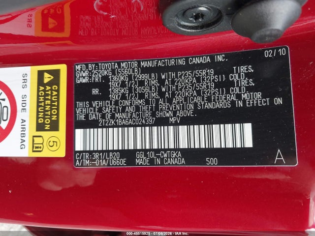 2010 Lexus Rx 350 მანქანა იყიდება აუქციონზე, vin: 2T2ZK1BA6AC024397, აუქციონის ნომერი: 45515925