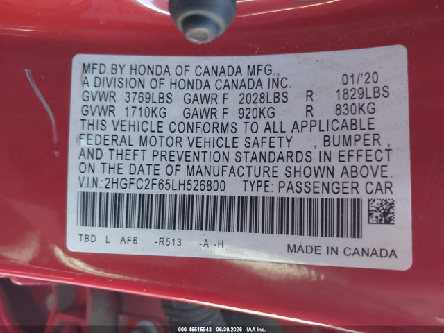 Honda Civic Lx 2020 2HGFC2F65LH526800 Image 9