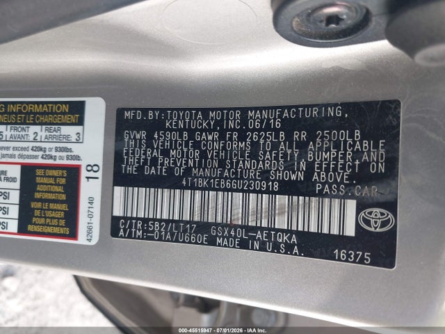 45515947 :رقم المزاد ، 4T1BK1EB6GU230918 vin ، 2016 Toyota Avalon Touring مزاد بيع