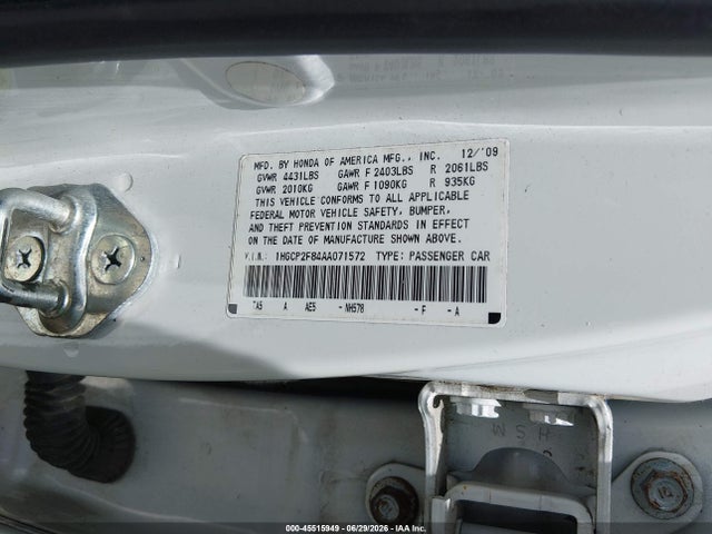 45515949 :رقم المزاد ، 1HGCP2F84AA071572 vin ، 2010 Honda Accord 2.4 Ex-l مزاد بيع
