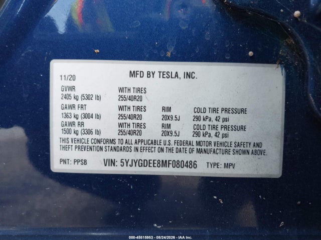 2021 Tesla Model Y Long Range Dual Motor All-wheel Drive მანქანა იყიდება აუქციონზე, vin: 5YJYGDEE8MF080486, აუქციონის ნომერი: 45515953