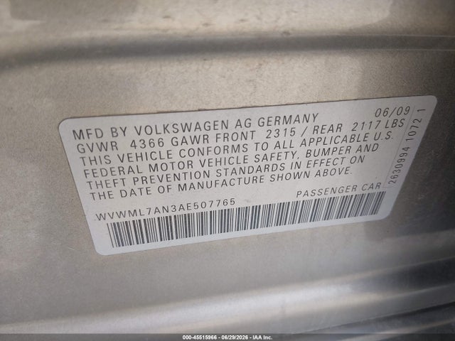 45515966 :رقم المزاد ، WVWML7AN3AE507765 vin ، 2010 Volkswagen Cc Sport مزاد بيع