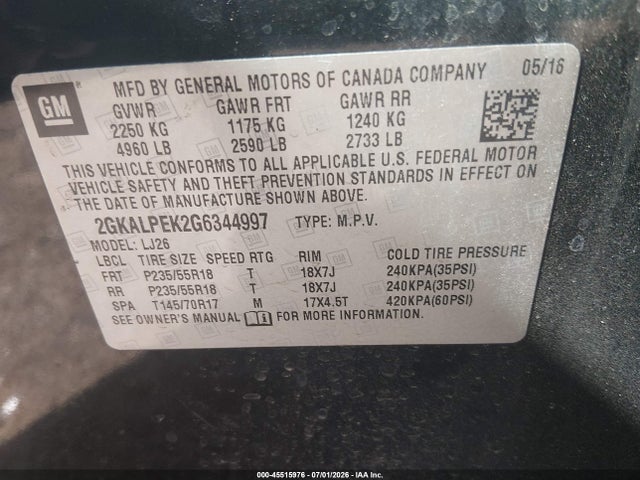 45515976 :رقم المزاد ، 2GKALPEK2G6344997 vin ، 2016 Gmc Terrain Slt مزاد بيع