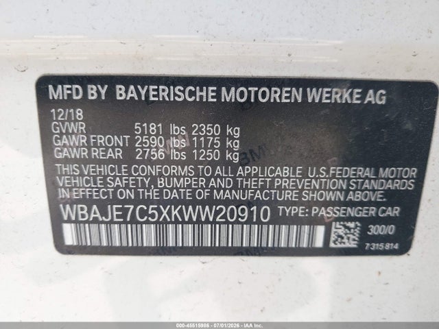 45515986 :رقم المزاد ، WBAJE7C5XKWW20910 vin ، 2019 Bmw 540i Xdrive مزاد بيع