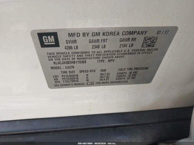 2017 Buick Encore Preferred მანქანა იყიდება აუქციონზე, vin: KL4CJASB2HB119368, აუქციონის ნომერი: 45515999