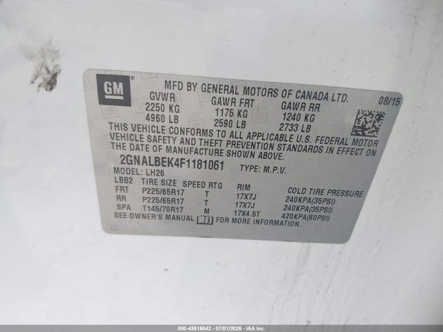 Chevrolet EQUINOX LT 2015 2GNALBEK4F1181061 Image 9