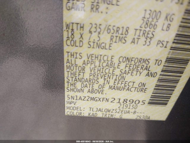 45516043 :رقم المزاد ، 5N1AZ2MGXFN218905 vin ، 2015 Nissan Murano Sv مزاد بيع
