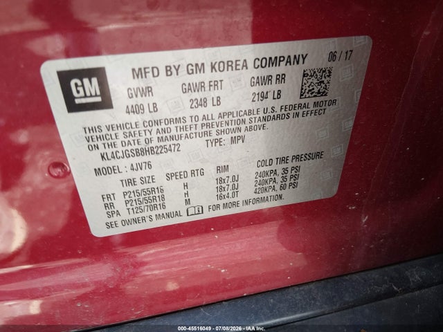 Aukcja sprzedaży 2017 Buick Encore Essence, vin: KL4CJGSB8HB225472, numer aukcji: 45516049