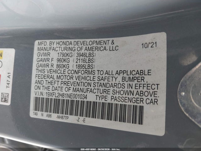 Продажа на аукционе авто 2022 Honda Civic Sport, vin: 19XFL2H81NE001034, номер лота: 45516060