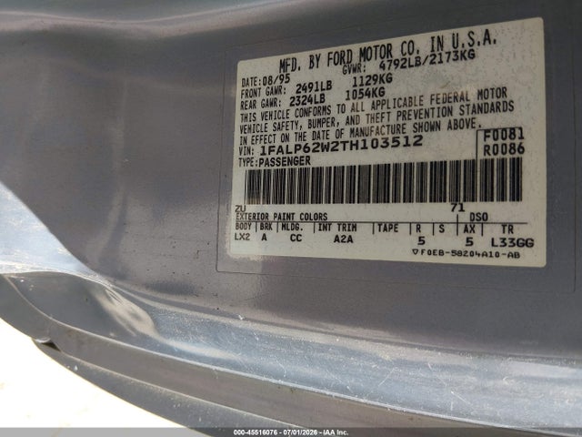 1996 Ford Thunderbird Lx მანქანა იყიდება აუქციონზე, vin: 1FALP62W2TH103512, აუქციონის ნომერი: 45516076