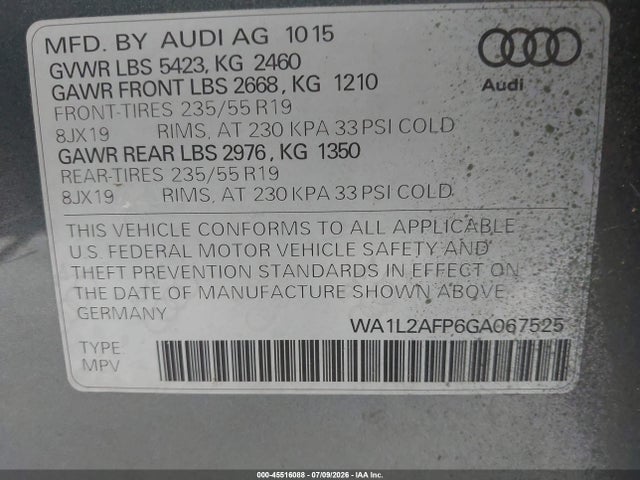 Aukcja sprzedaży 2016 Audi Q5 2.0t Premium, vin: WA1L2AFP6GA067525, numer aukcji: 45516088