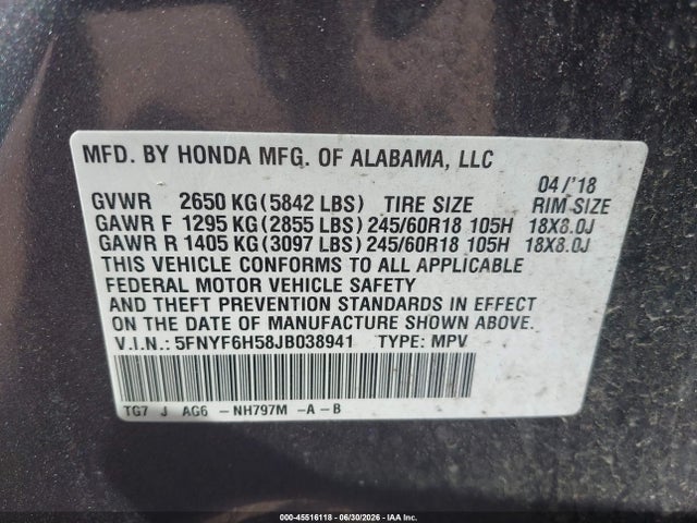 2018 Honda Pilot Ex-l მანქანა იყიდება აუქციონზე, vin: 5FNYF6H58JB038941, აუქციონის ნომერი: 45516118