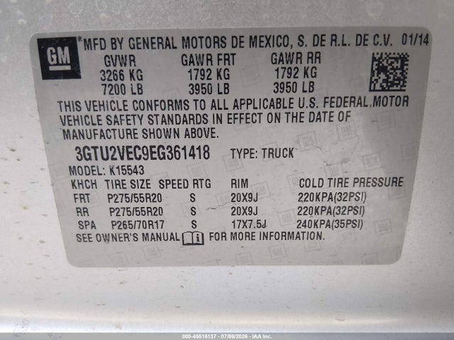 Продаж на аукціоні авто 2014 Gmc Sierra 1500 Slt, vin: 3GTU2VEC9EG361418, номер лоту: 45516137