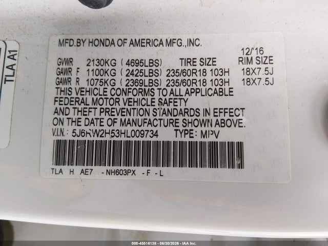 Honda CR-V EX 2017 5J6RW2H53HL009734 Image 9