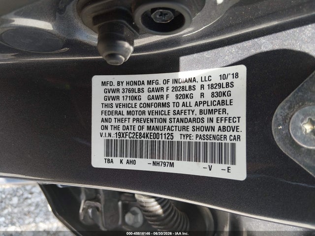 2019 Honda Civic Sport მანქანა იყიდება აუქციონზე, vin: 19XFC2E84KE001125, აუქციონის ნომერი: 45516146