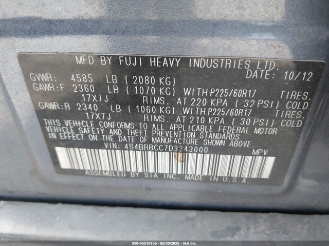 45516156 :رقم المزاد ، 4S4BRBCC7D3243000 vin ، 2013 Subaru Outback 2.5i Premium مزاد بيع