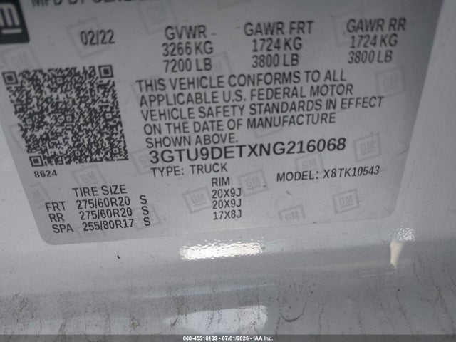 45516159 :رقم المزاد ، 3GTU9DETXNG216068 vin ، 2022 Gmc Sierra 1500 Limited 4wd  Short Box Slt مزاد بيع