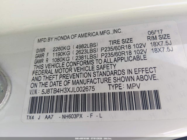 Aukcja sprzedaży 2018 Acura Rdx Acurawatch Plus Package, vin: 5J8TB4H3XJL002675, numer aukcji: 45516168