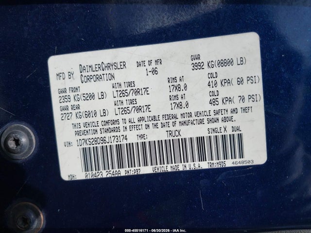 Aukcja sprzedaży 2006 Dodge Ram 2500 Slt/sport, vin: 1D7KS28D96J173174, numer aukcji: 45516171