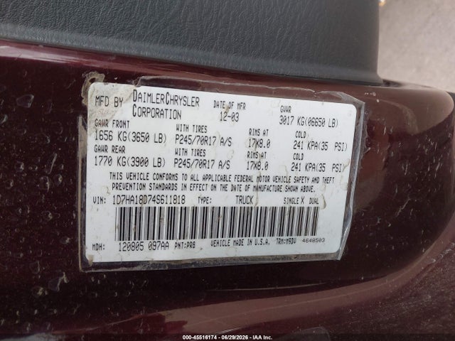 45516174 :رقم المزاد ، 1D7HA18D74S611818 vin ، 2004 Dodge Ram 1500 Slt/laramie مزاد بيع