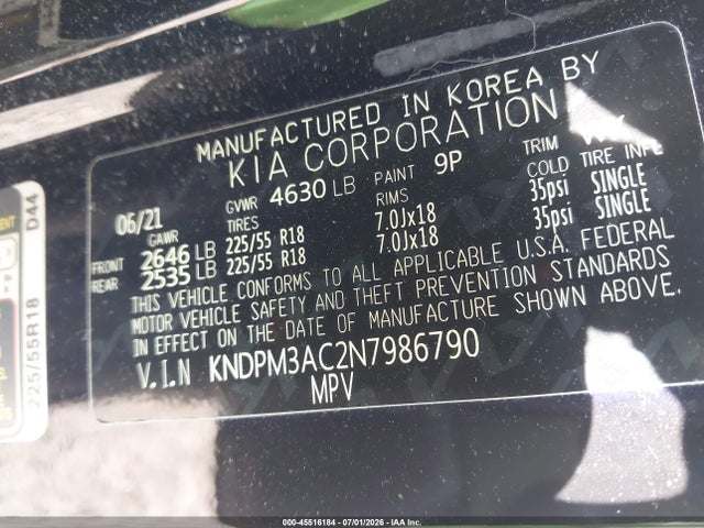 45516184 :رقم المزاد ، KNDPM3AC2N7986790 vin ، 2022 Kia Sportage Lx مزاد بيع