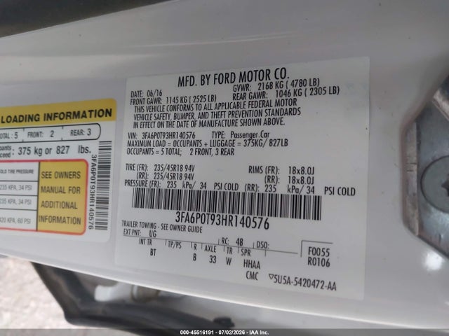 2017 Ford Fusion Se მანქანა იყიდება აუქციონზე, vin: 3FA6P0T93HR140576, აუქციონის ნომერი: 45516191
