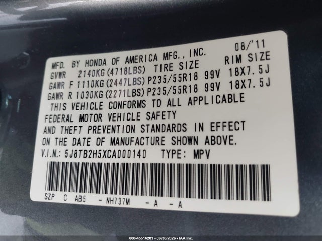 45516201 :رقم المزاد ، 5J8TB2H5XCA000140 vin ، 2012 Acura Rdx مزاد بيع