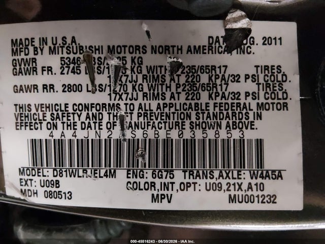 Продаж на аукціоні авто 2011 Mitsubishi Endeavor, vin: 4A4JN2AS6BE035853, номер лоту: 45516243