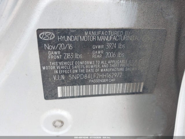 45516246 :رقم المزاد ، 5NPD84LF2HH162972 vin ، 2017 Hyundai Elantra Se مزاد بيع
