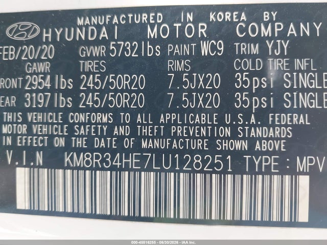 KM8R34HE7LU128251 Hyundai Palisade Sel